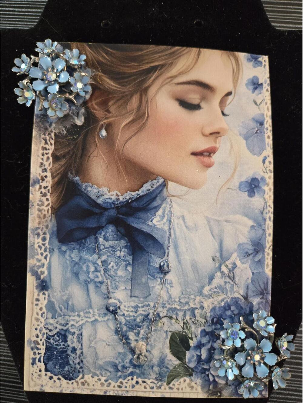 Vintage Blue Floral Enamel and Rhinestone Earrings